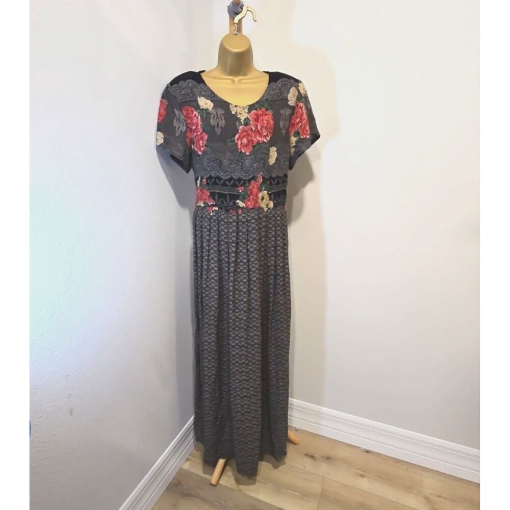 Modest Peasant Pleated Floral Dress Long Sz 10 Belted Cottage Pink Gray Prairie